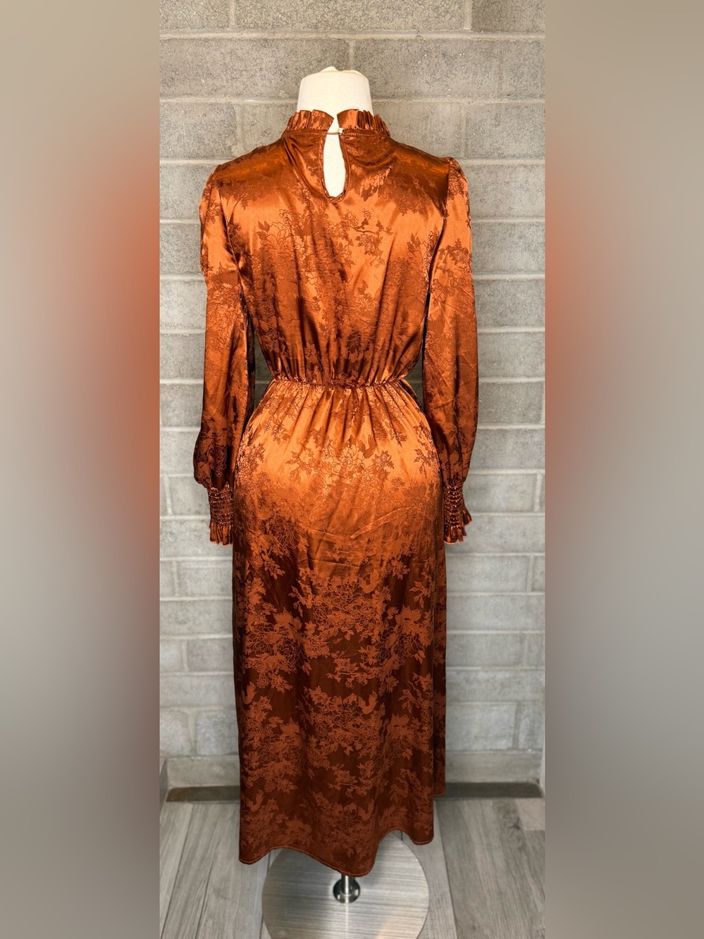 Rust Satin Jacquard Midi Dress Puff Sleeve Mock Neck Cottagecore Boho - Picture 10 of 14